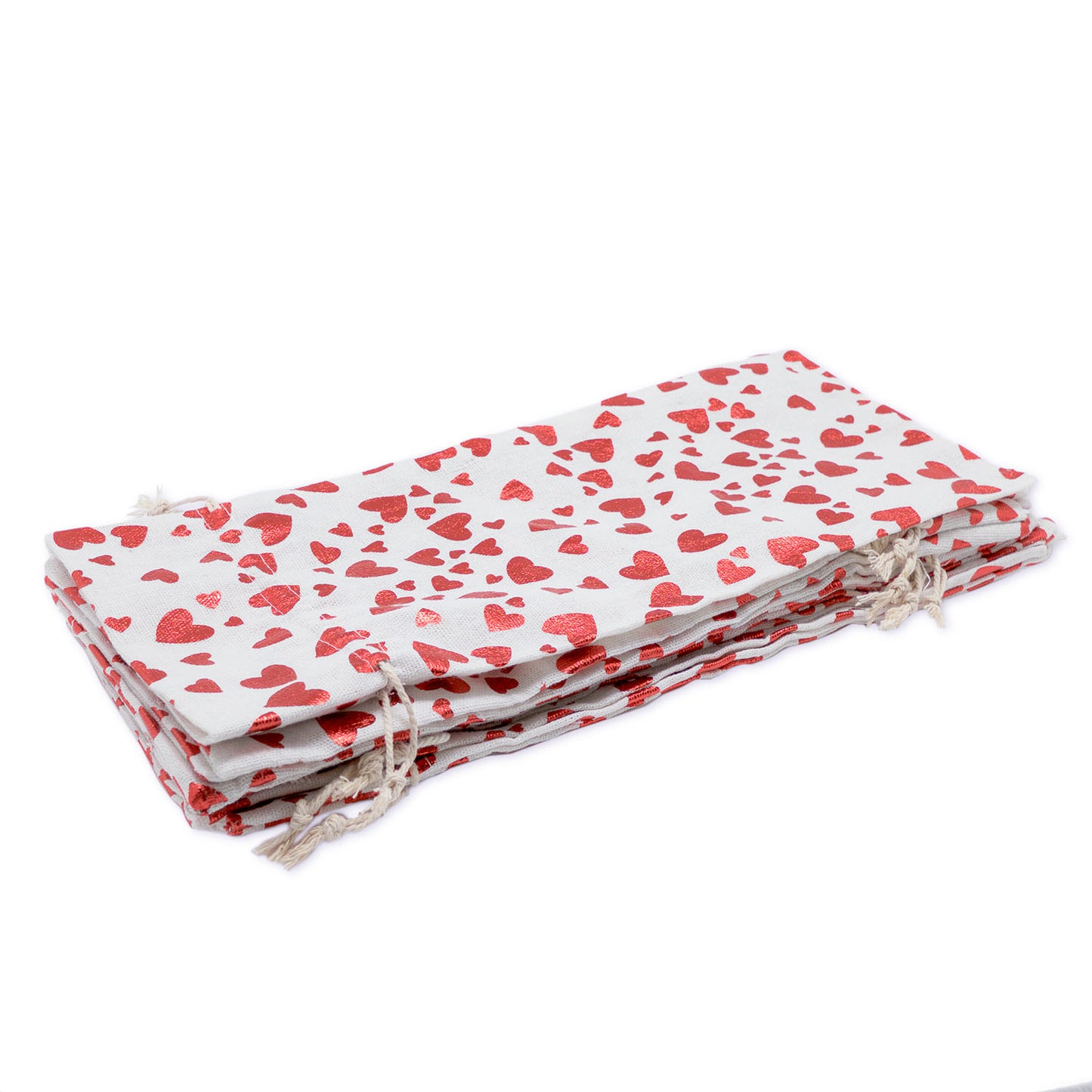 6" x 14" Cotton Muslin Red Heart Wine Bottle Drawstring Gift Bags