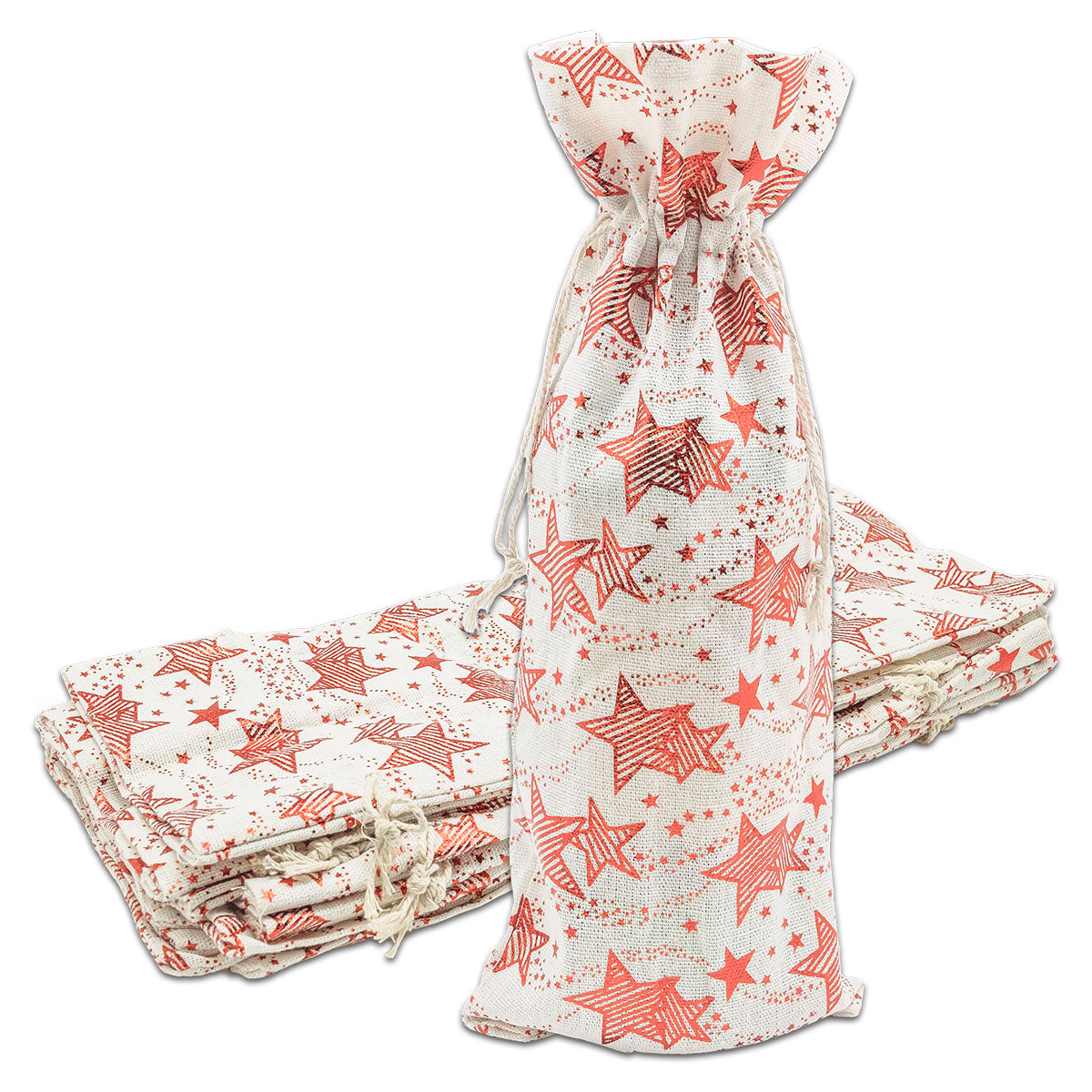 6" x 14" Cotton Muslin Red Star Wine Bottle Drawstring Gift Bags