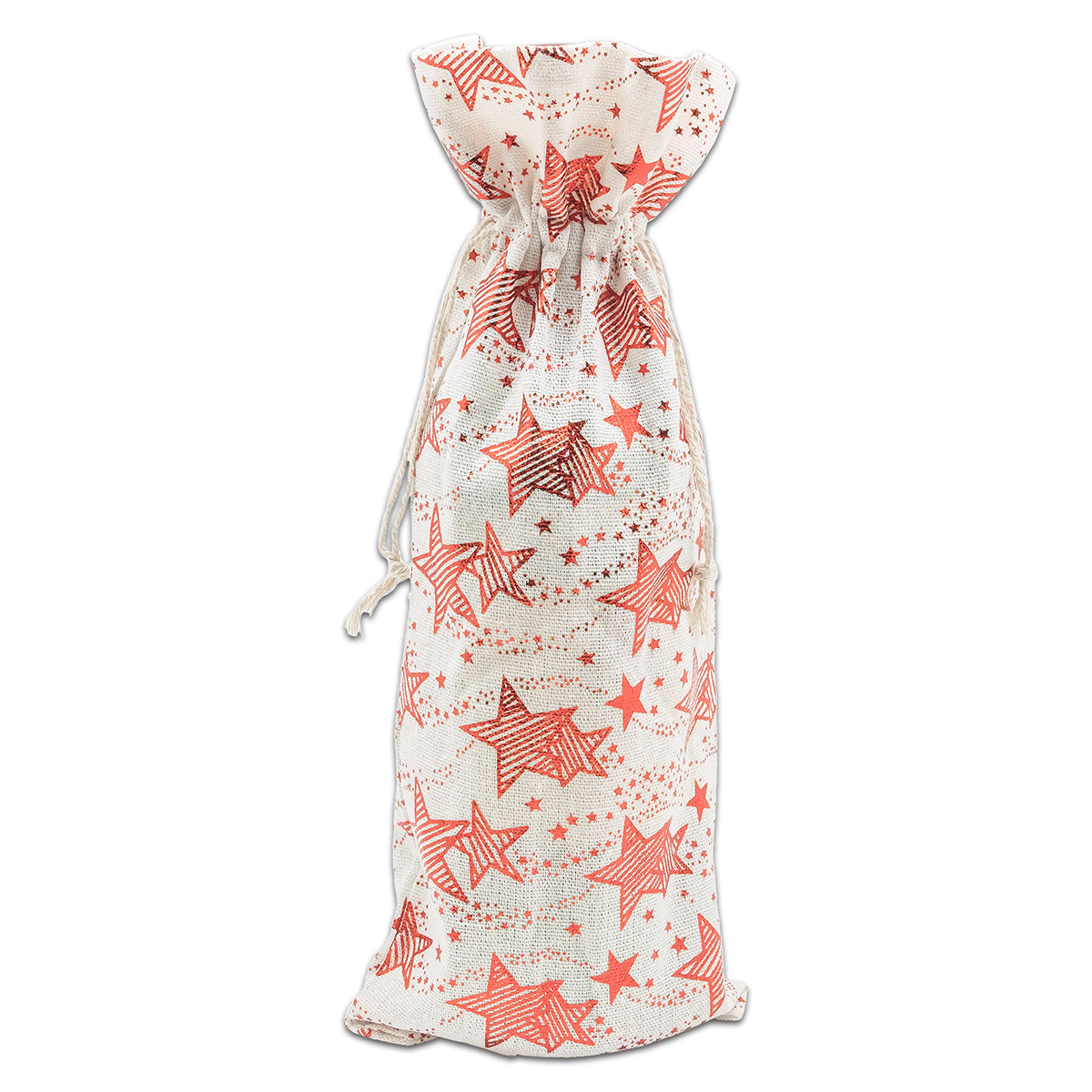6" x 14" Cotton Muslin Red Star Wine Bottle Drawstring Gift Bags