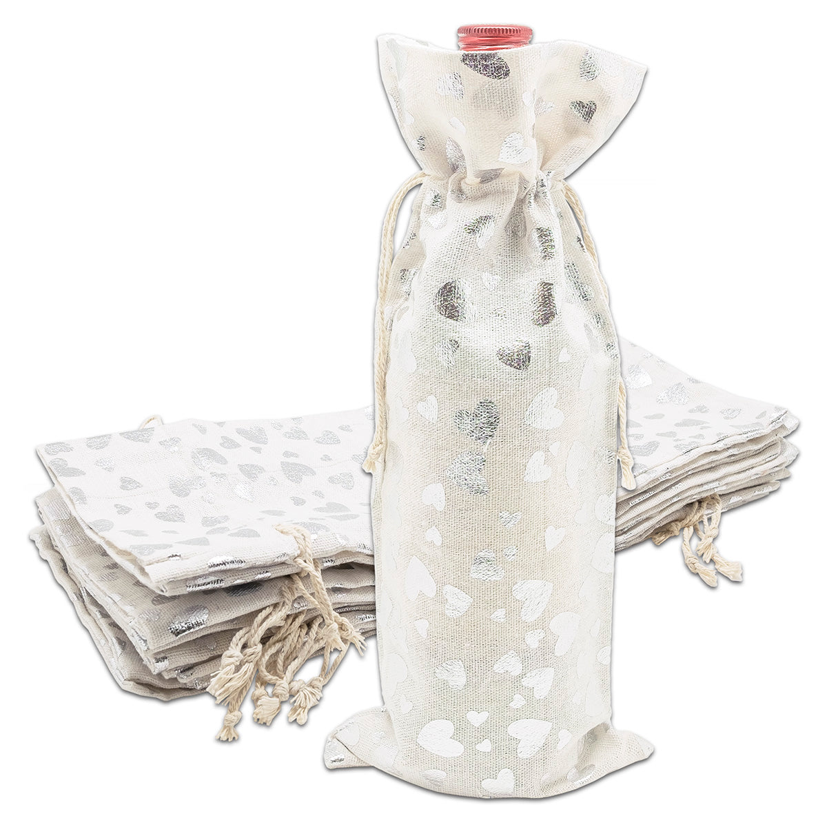 6" x 14" Cotton Muslin Silver Heart Wine Bottle Drawstring Gift Bags