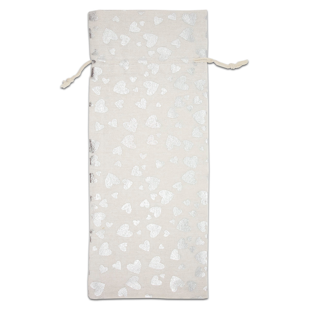 6" x 14" Cotton Muslin Silver Heart Wine Bottle Drawstring Gift Bags
