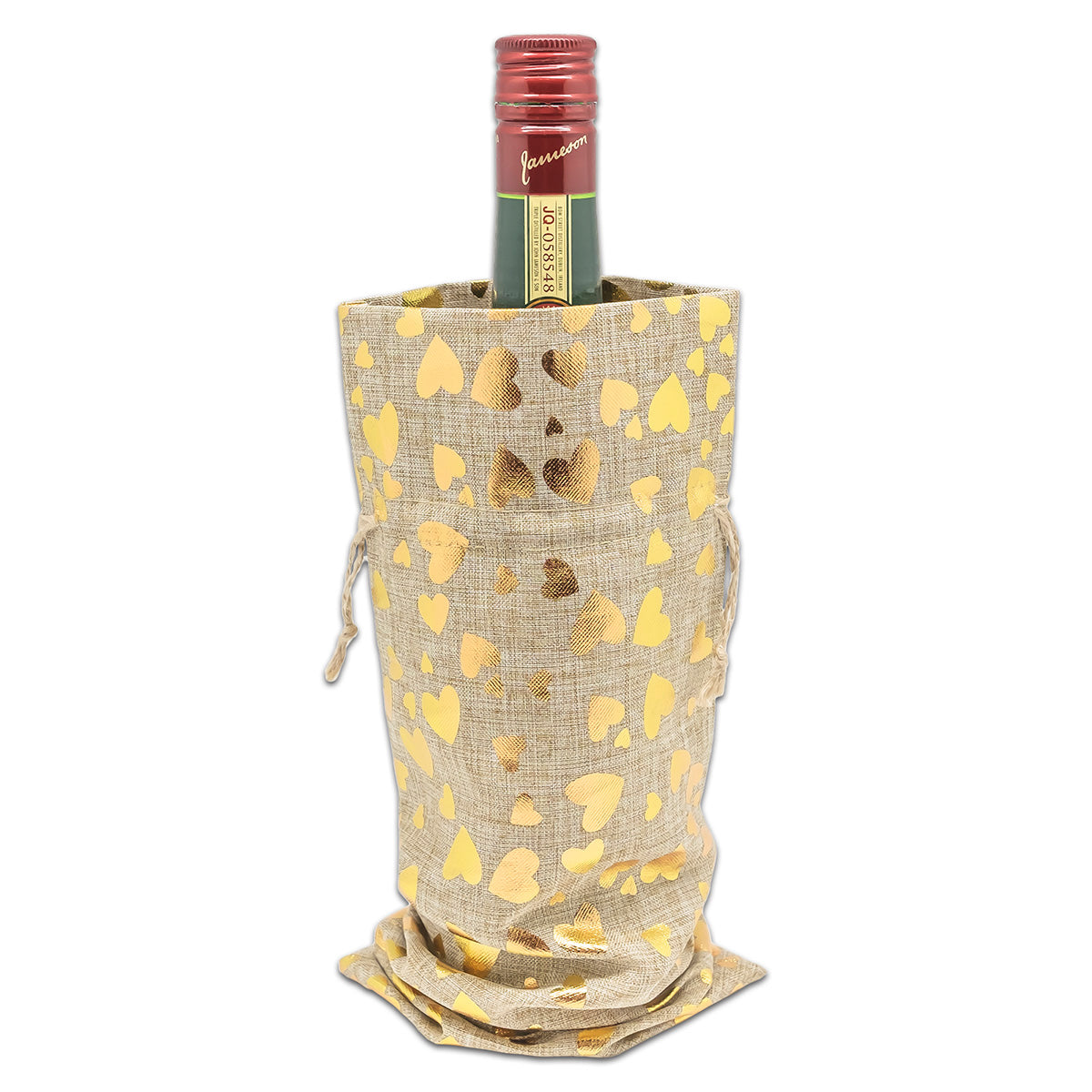 6" x 14" Jute Burlap Gold Heart Wine Bottle Drawstring Gift Bags