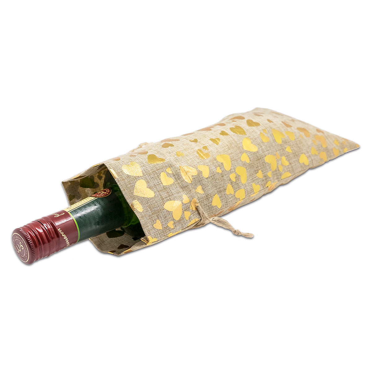6" x 14" Jute Burlap Gold Heart Wine Bottle Drawstring Gift Bags