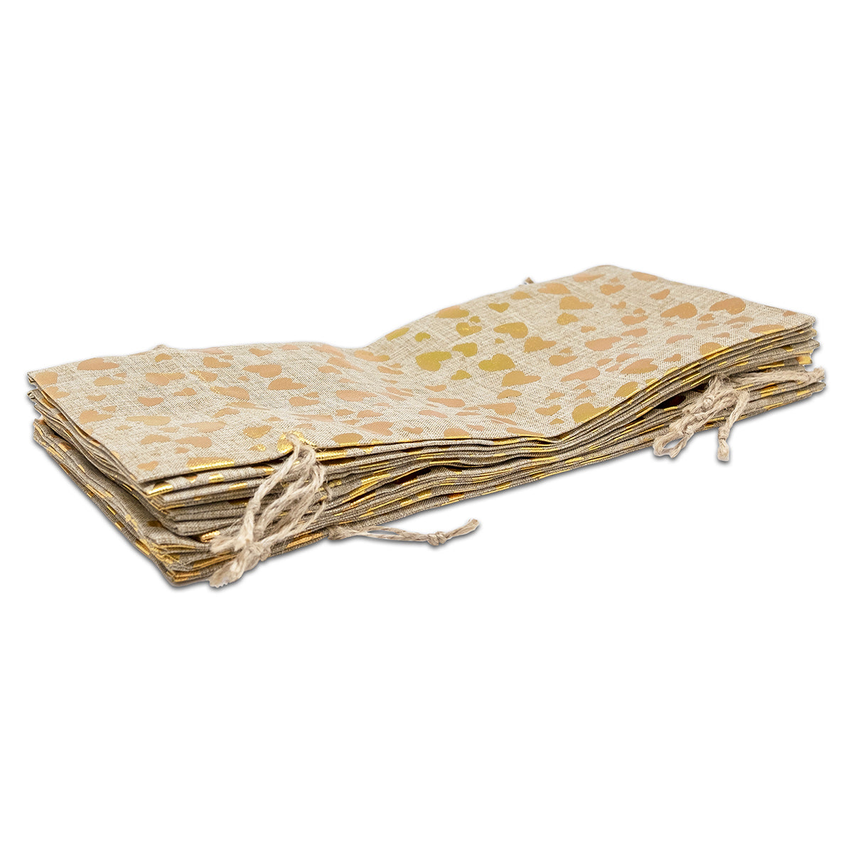 6" x 14" Jute Burlap Gold Heart Wine Bottle Drawstring Gift Bags