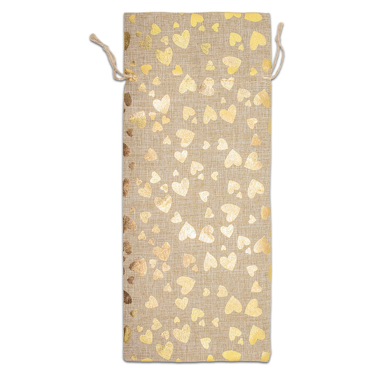 6" x 14" Jute Burlap Gold Heart Wine Bottle Drawstring Gift Bags