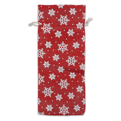 6" x 14" Jute Burlap Red Christmas White Snowflake Wine Bottle Drawstring Gift Bags