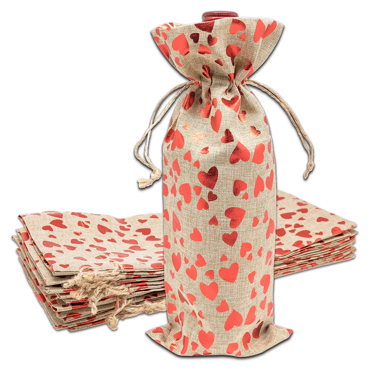 6" x 14" Jute Burlap Red Heart Wine Bottle Drawstring Gift Bags