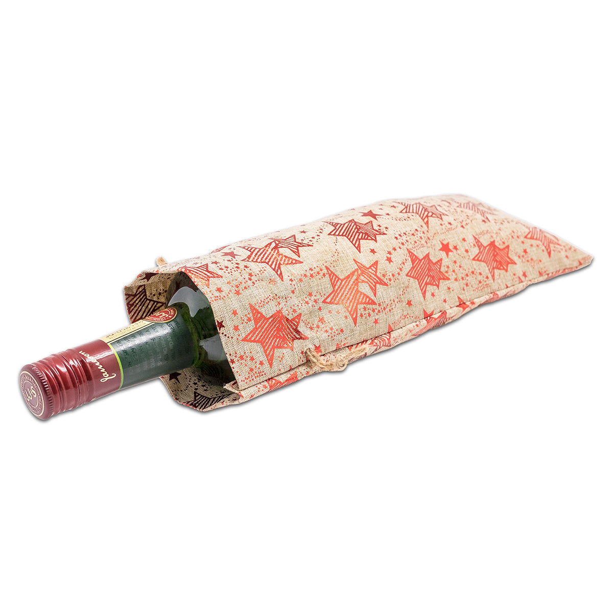 6" x 14" Jute Burlap Red Star Wine Bottle Drawstring Gift Bags