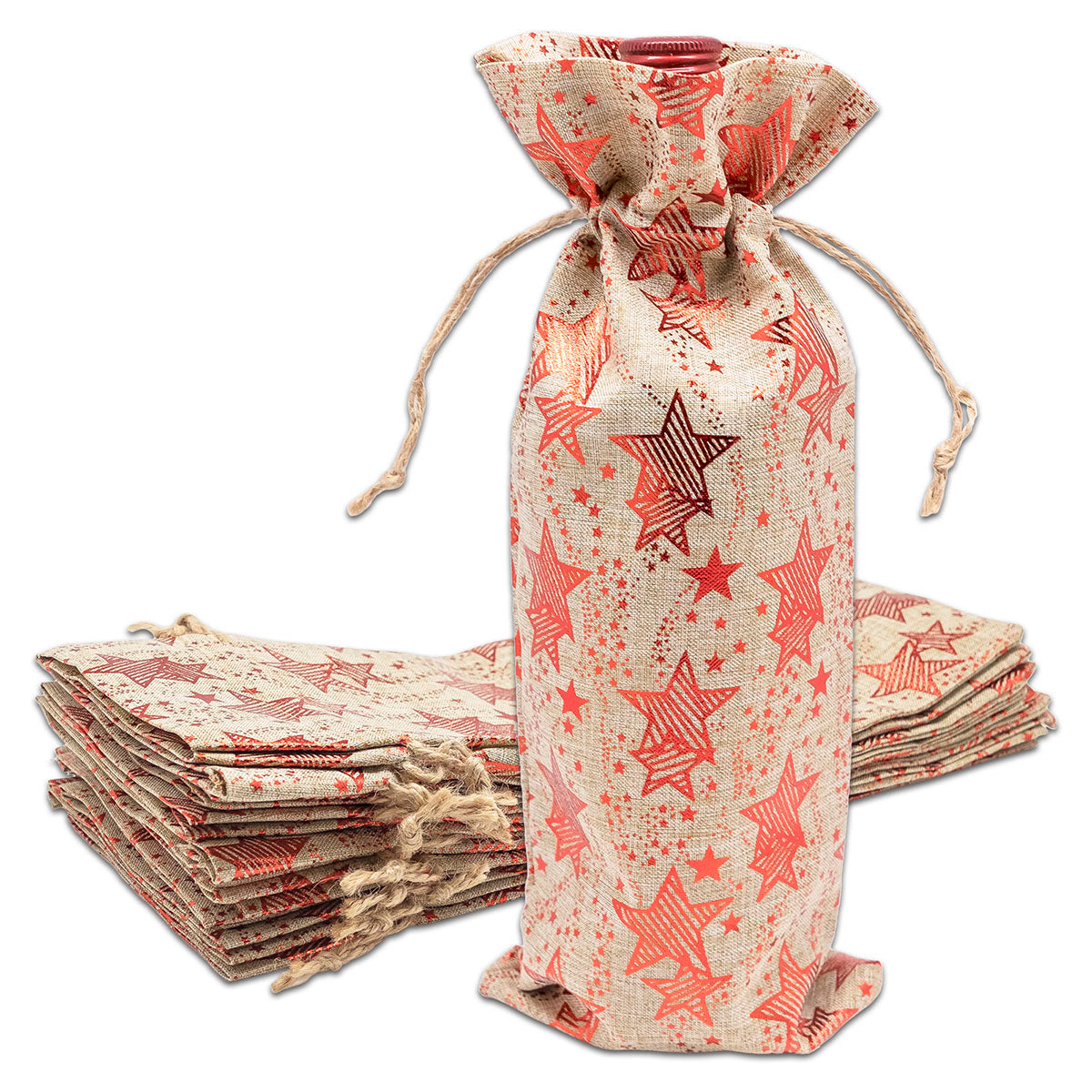 6" x 14" Jute Burlap Red Star Wine Bottle Drawstring Gift Bags