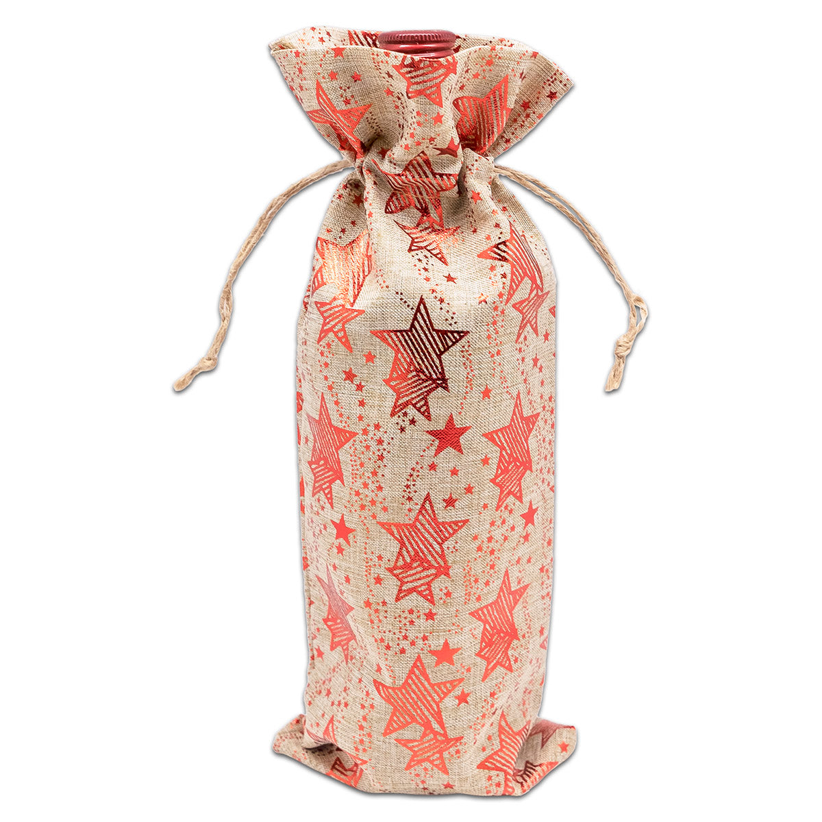 6" x 14" Jute Burlap Red Star Wine Bottle Drawstring Gift Bags