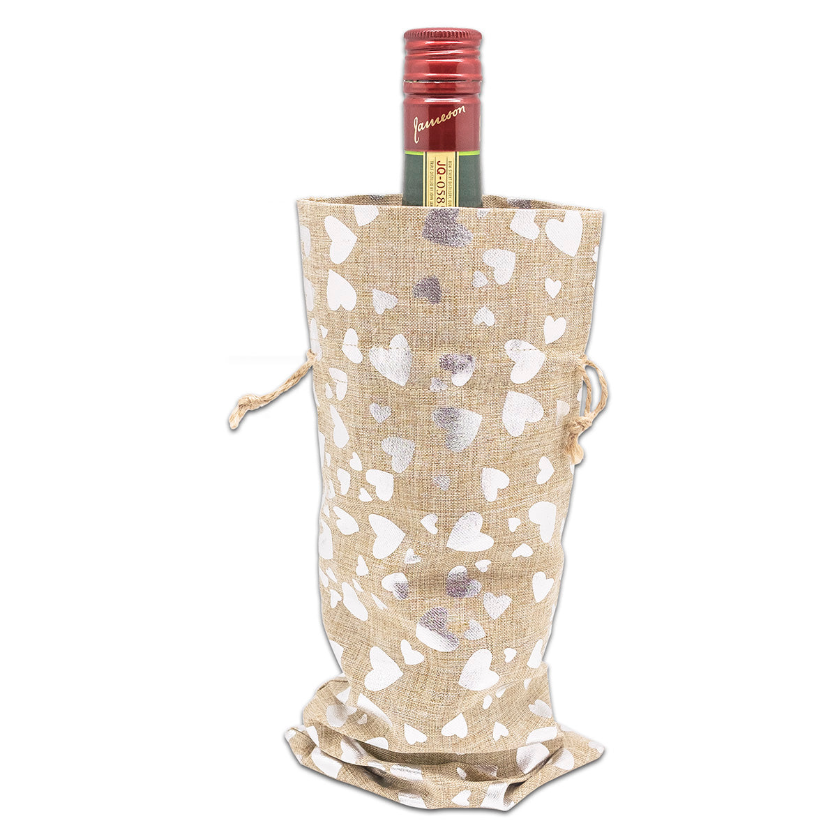6" x 14" Jute Burlap Silver Heart Wine Bottle Drawstring Gift Bags