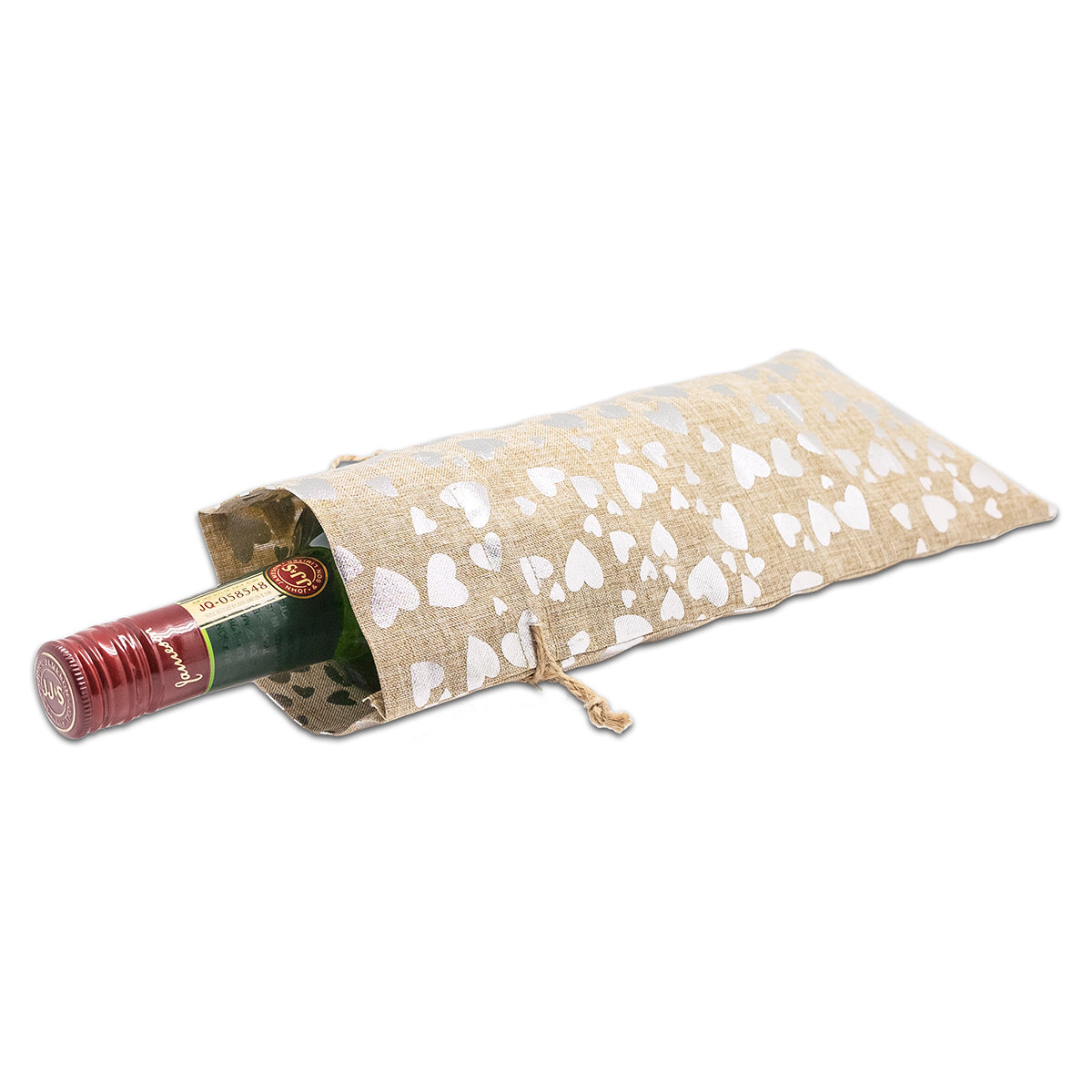 6" x 14" Jute Burlap Silver Heart Wine Bottle Drawstring Gift Bags