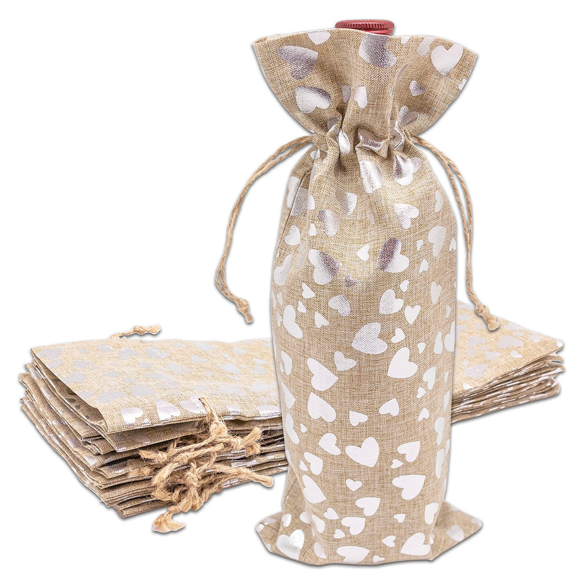 6" x 14" Jute Burlap Silver Heart Wine Bottle Drawstring Gift Bags