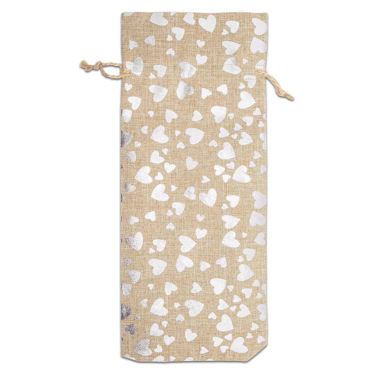 6" x 14" Jute Burlap Silver Heart Wine Bottle Drawstring Gift Bags