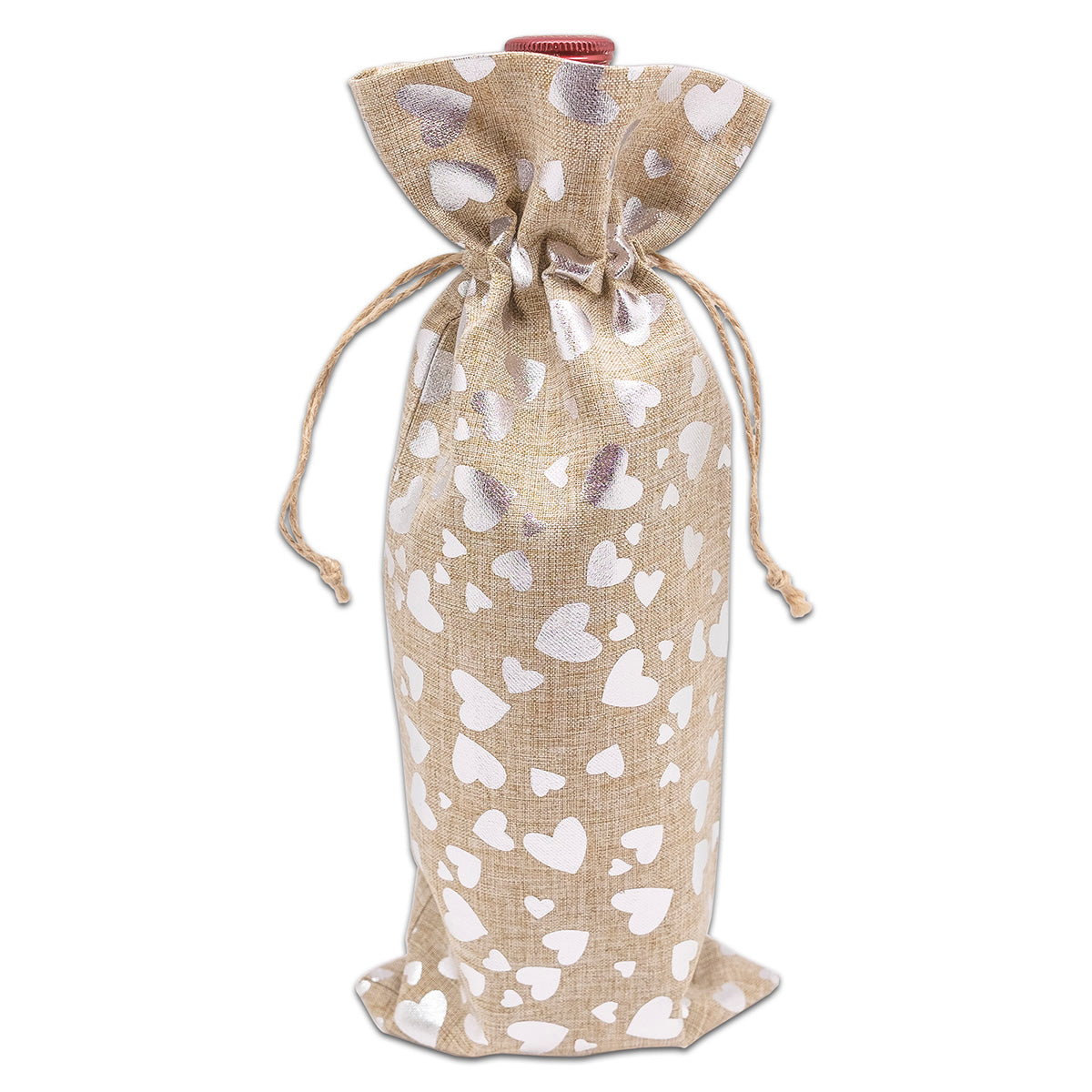6" x 14" Jute Burlap Silver Heart Wine Bottle Drawstring Gift Bags