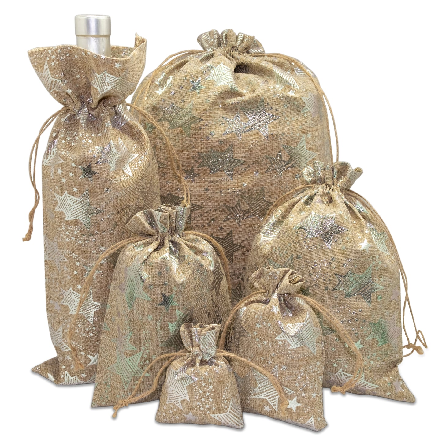 6" x 14" Jute Burlap Silver Star Wine Bottle Drawstring Gift Bags