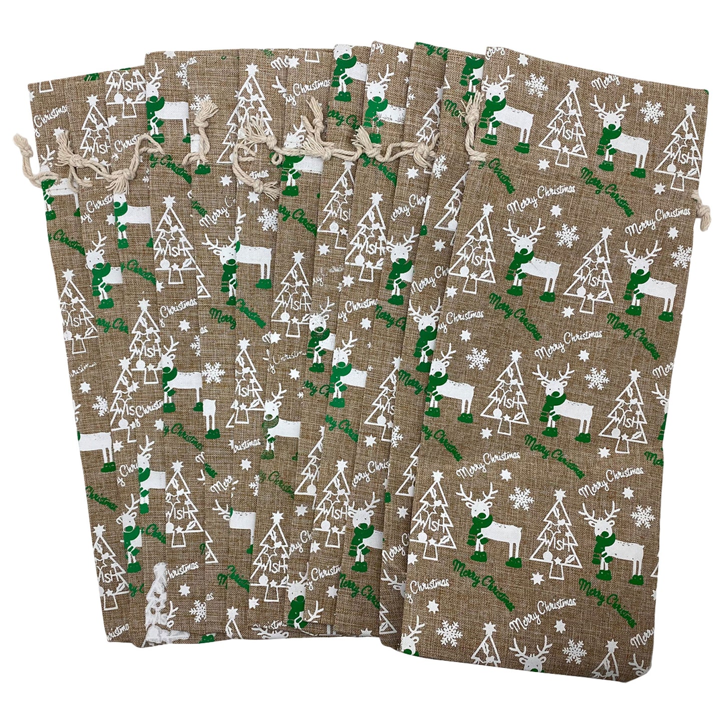6" x 14" Jute Burlap White Reindeer Christmas Wine Bottle Drawstring Gift Bags