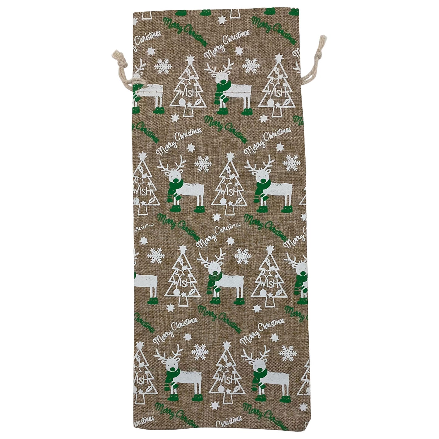 6" x 14" Jute Burlap White Reindeer Christmas Wine Bottle Drawstring Gift Bags