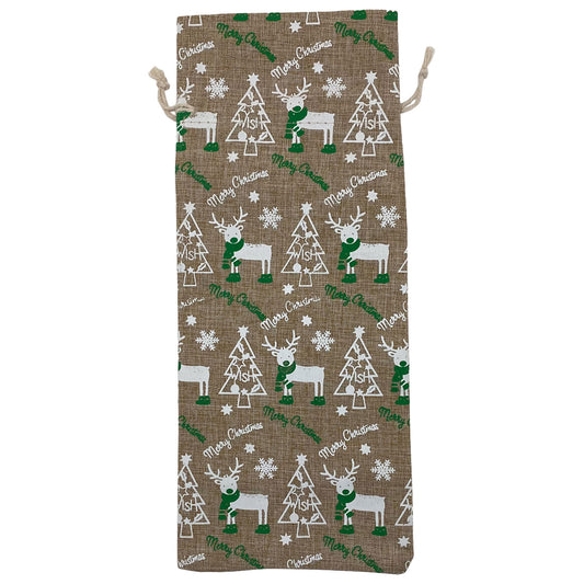 6" x 14" Jute Burlap White Reindeer Christmas Wine Bottle Drawstring Gift Bags