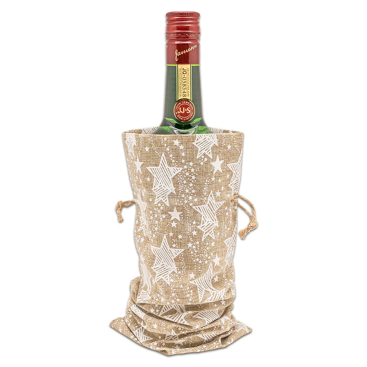 6" x 14" Jute Burlap White Star Wine Bottle Drawstring Gift Bags
