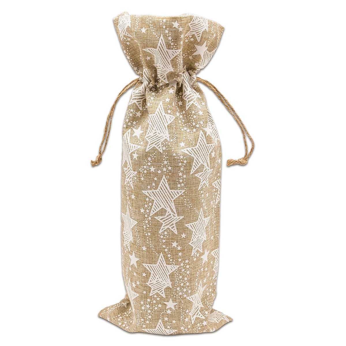 6" x 14" Jute Burlap White Star Wine Bottle Drawstring Gift Bags