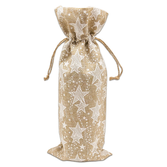 6" x 14" Jute Burlap White Star Wine Bottle Drawstring Gift Bags