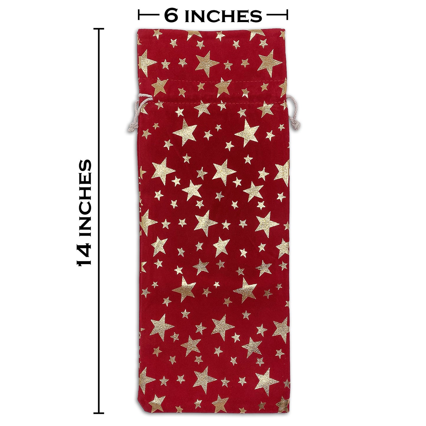 6" x 14" Red Velvet Gold Star Christmas Wine Bottle Drawstring Gift Bags