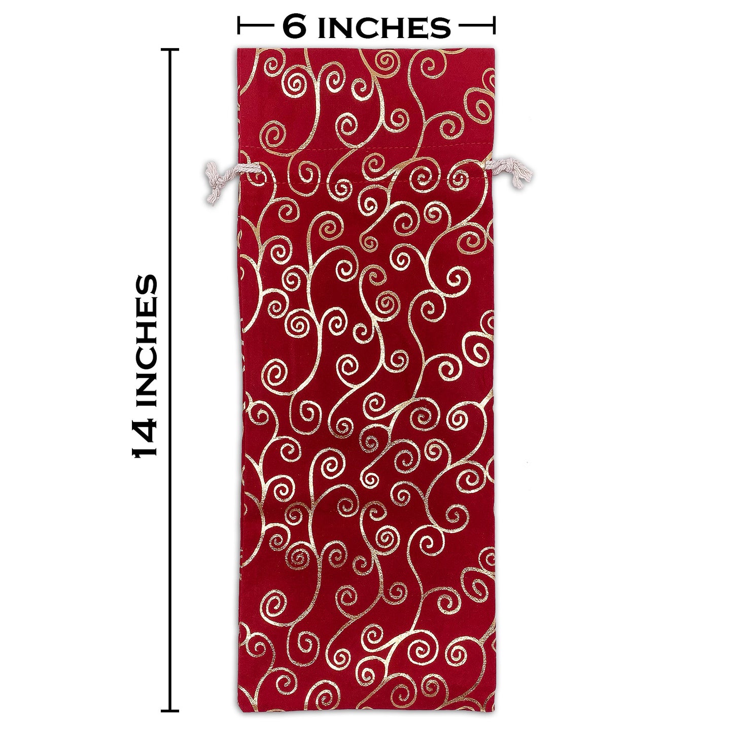 6" x 14" Red Velvet Gold Swirl Christmas Wine Bottle Drawstring Gift Bags