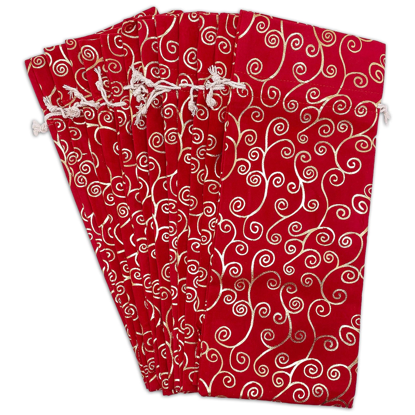 6" x 14" Red Velvet Gold Swirl Christmas Wine Bottle Drawstring Gift Bags