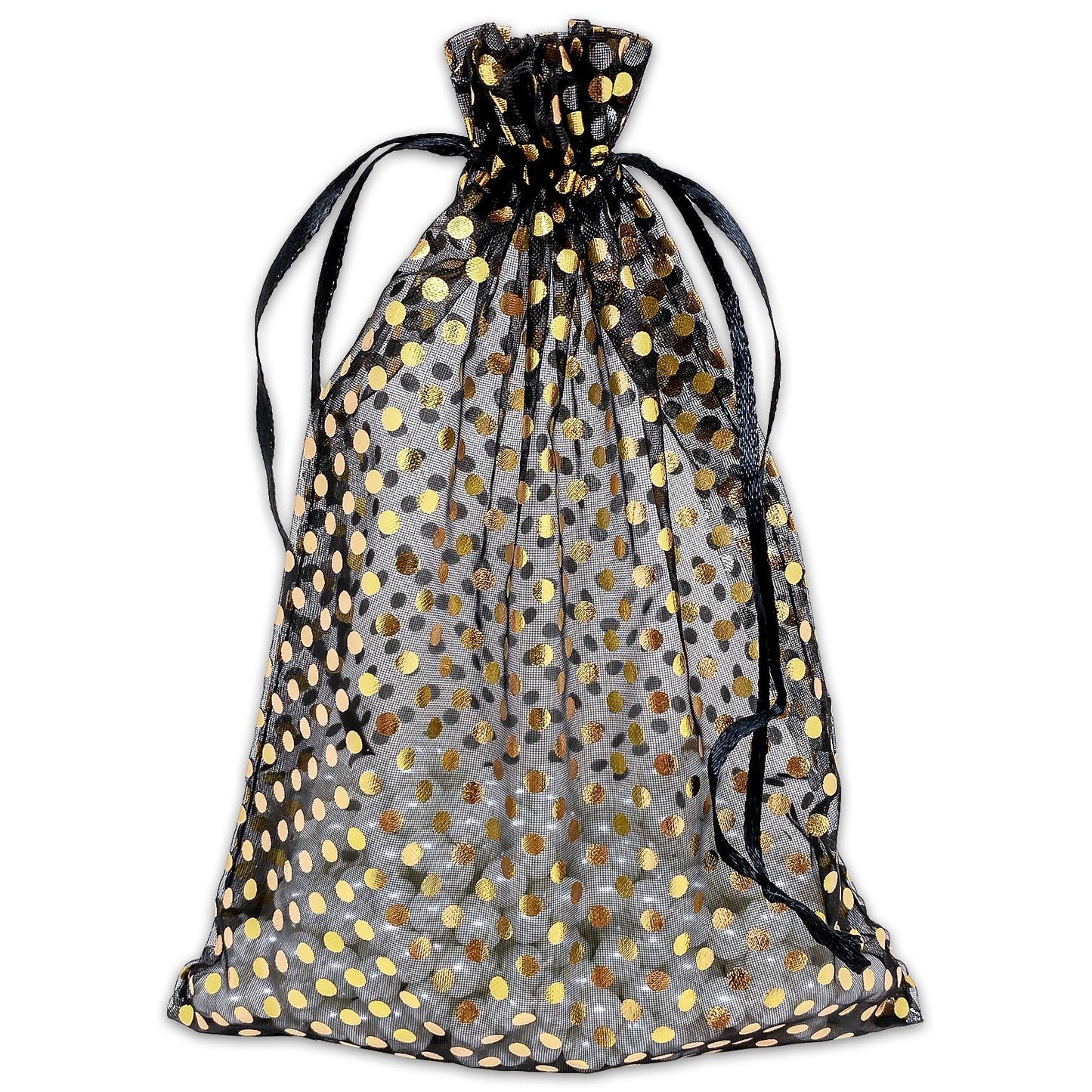 Black with Gold Polka Dot Organza Drawstring Pouch Gift Bags