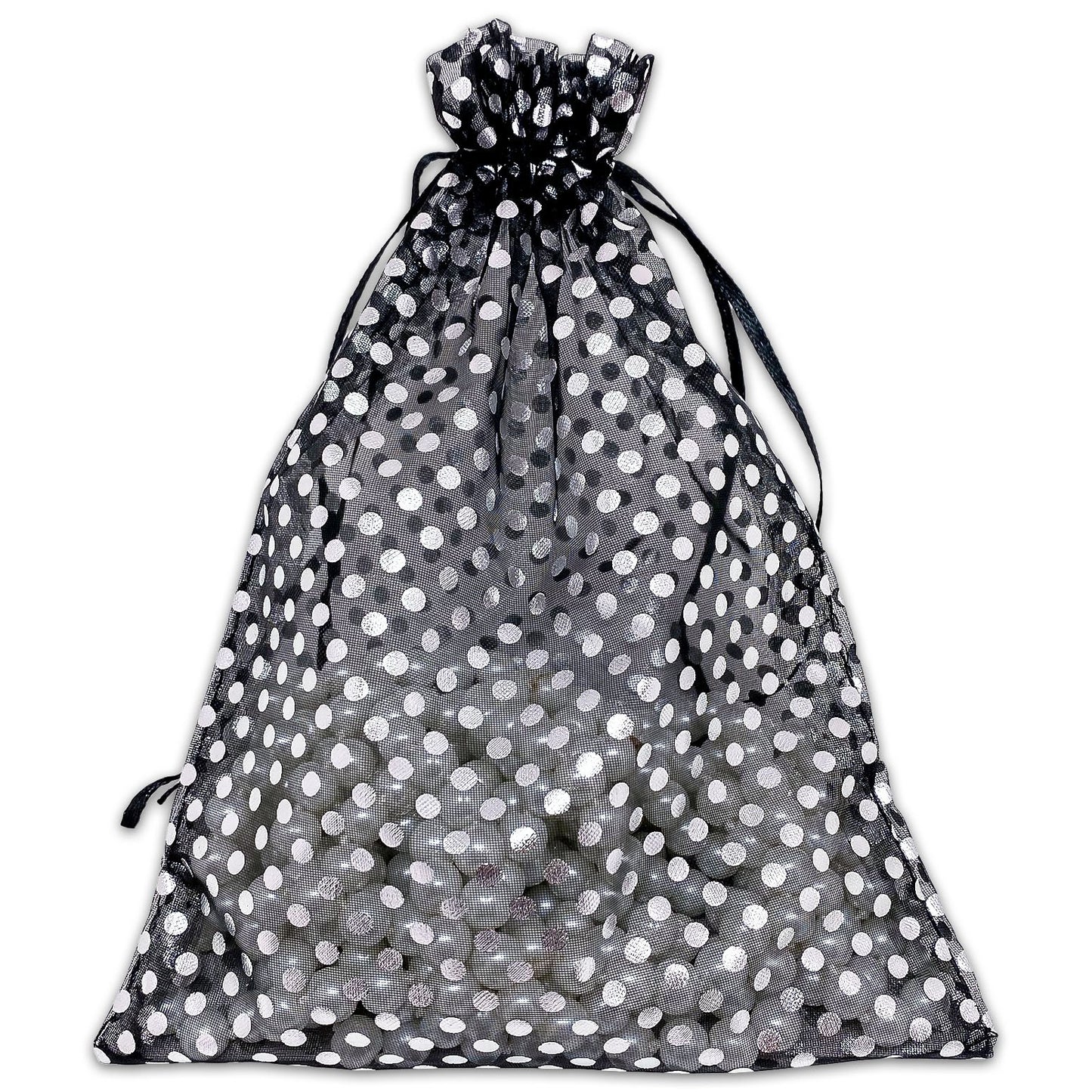Black with Silver Polka Dot Organza Drawstring Pouch Gift Bags