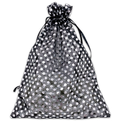 Black with Silver Polka Dot Organza Drawstring Pouch Gift Bags