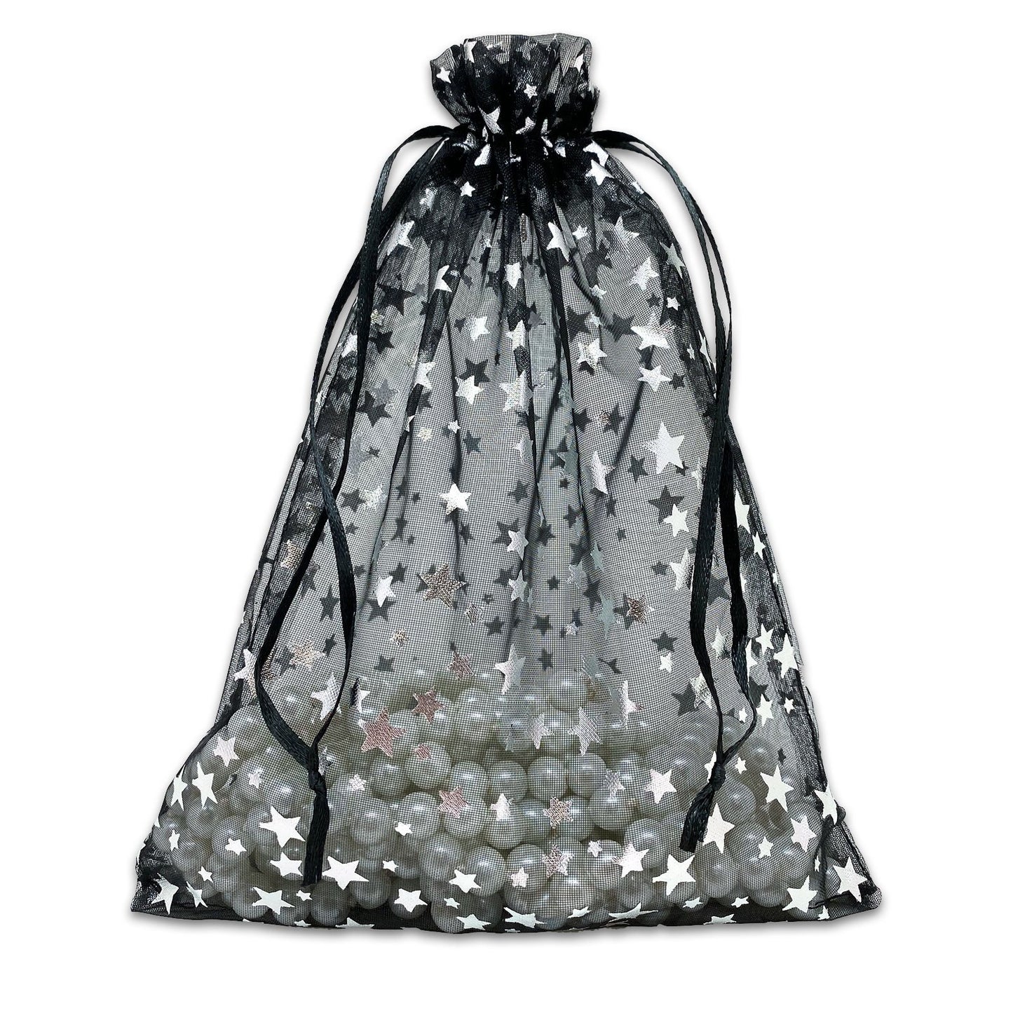Black with Silver Star Organza Drawstring Pouch Gift Bags