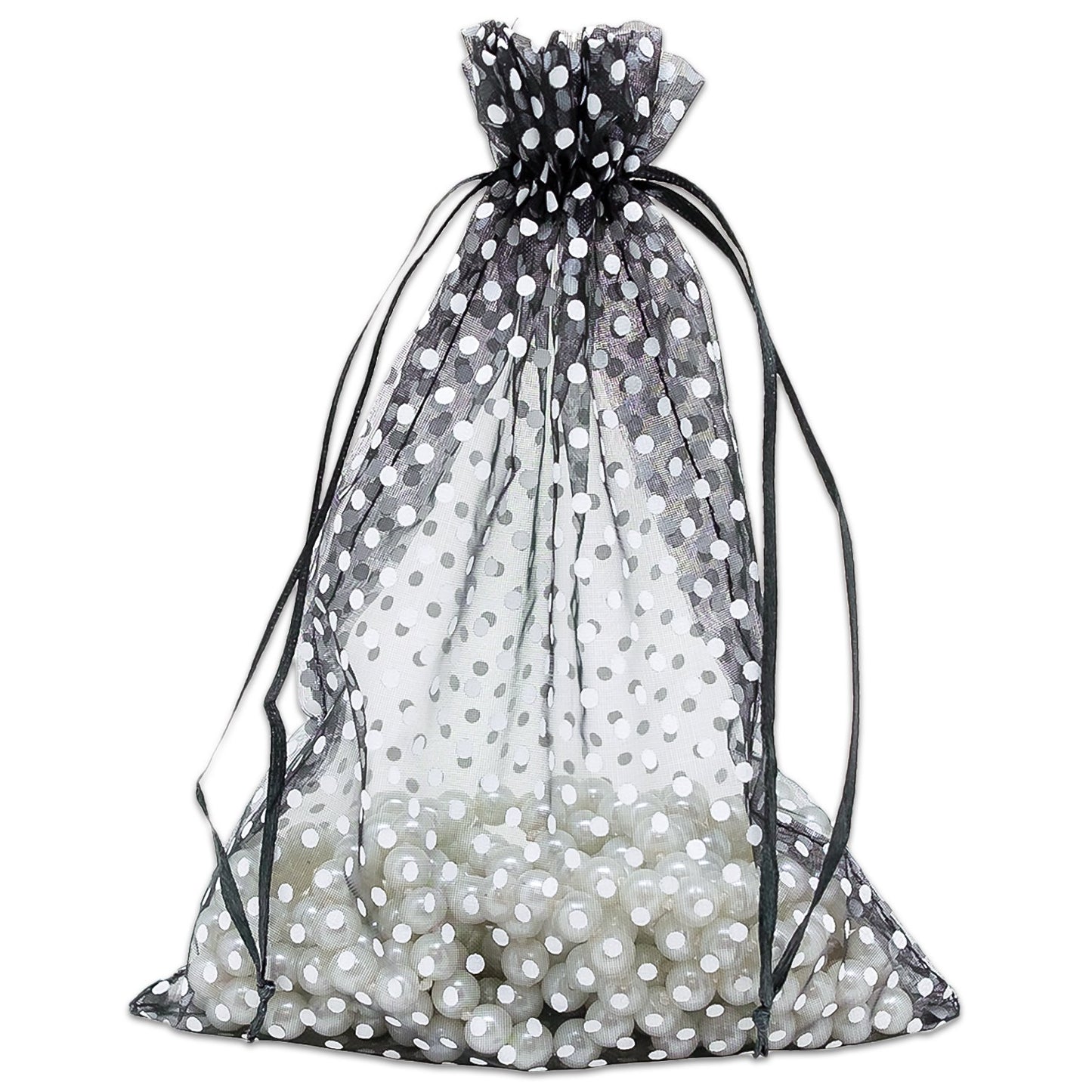 Black with White Polka Dot Organza Drawstring Pouch Gift Bags