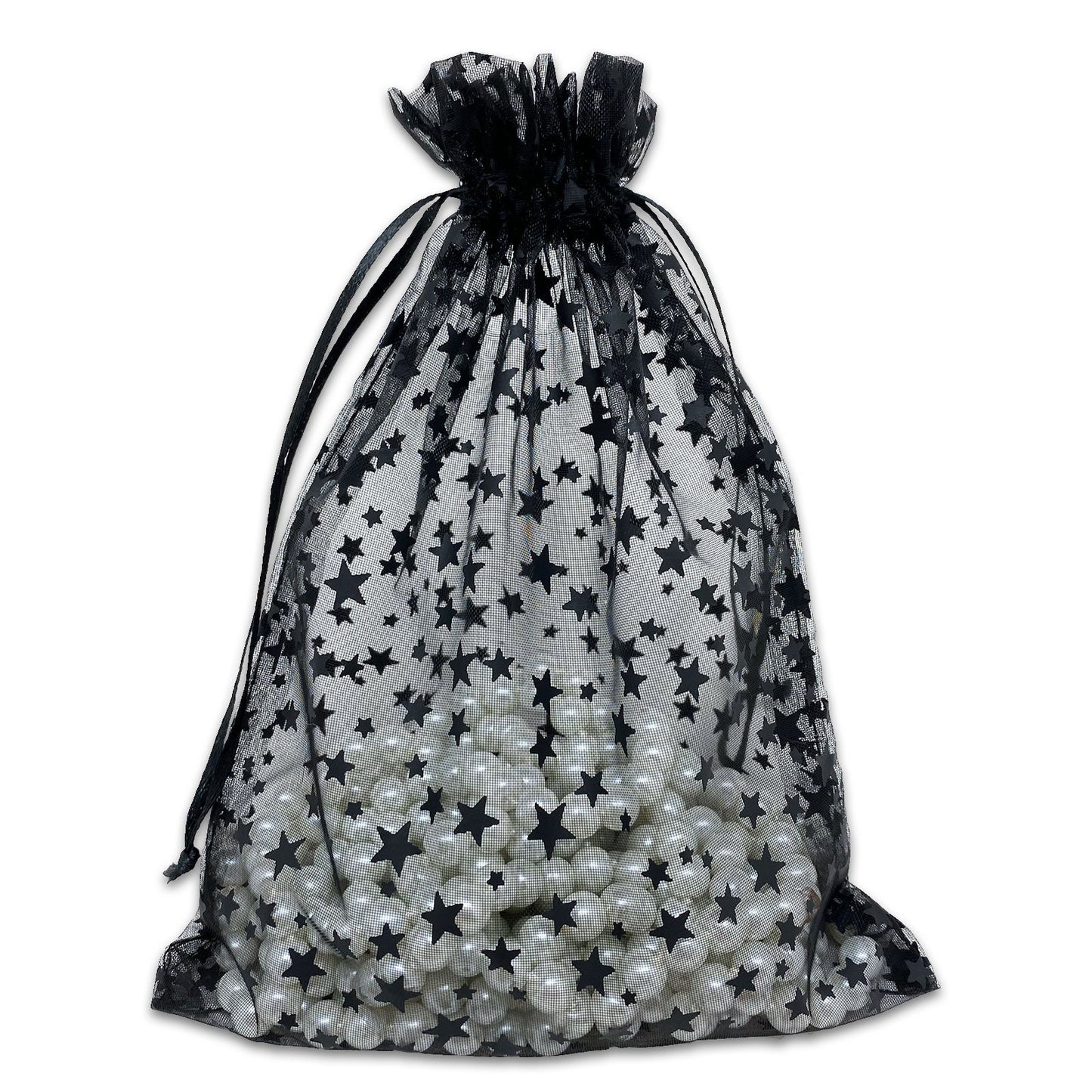 Black with Black Star Organza Drawstring Pouch Gift Bags
