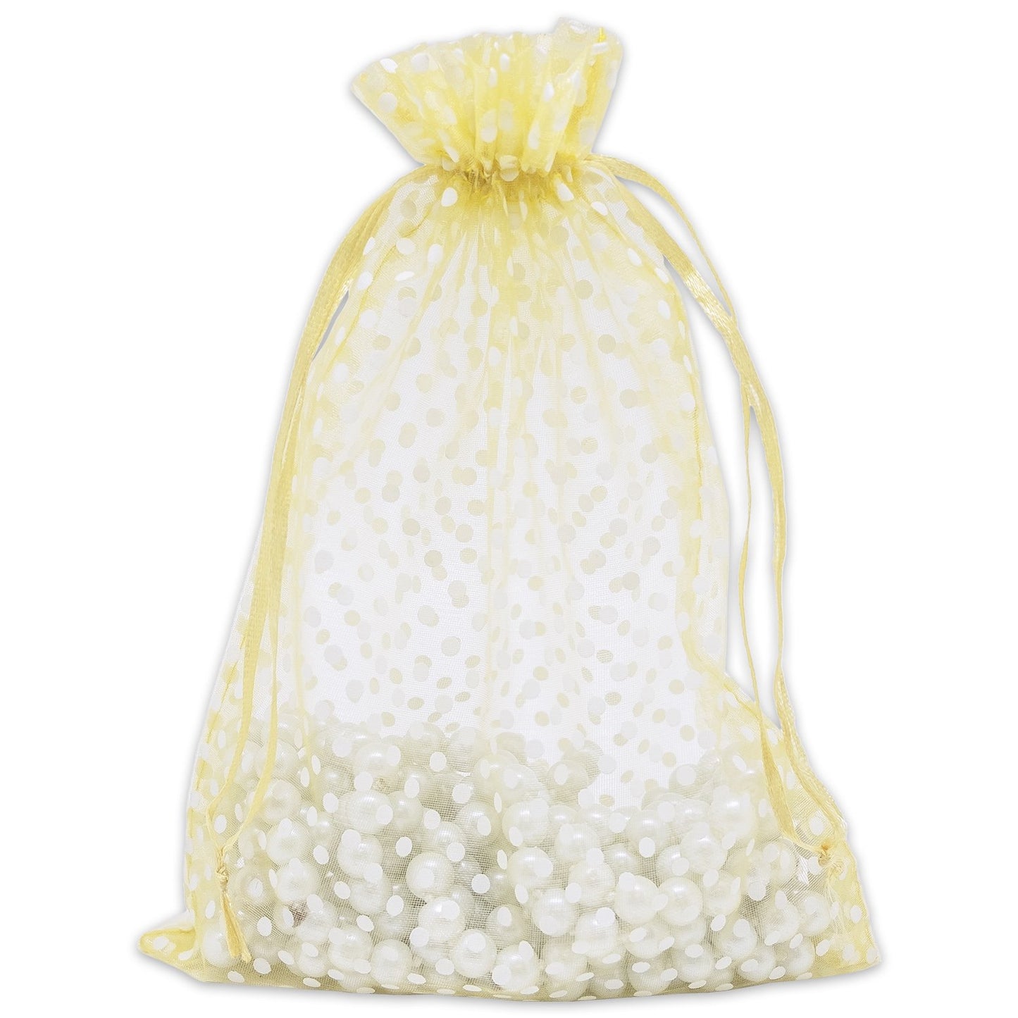 Gold with White Polka Dot Organza Drawstring Pouch Gift Bags