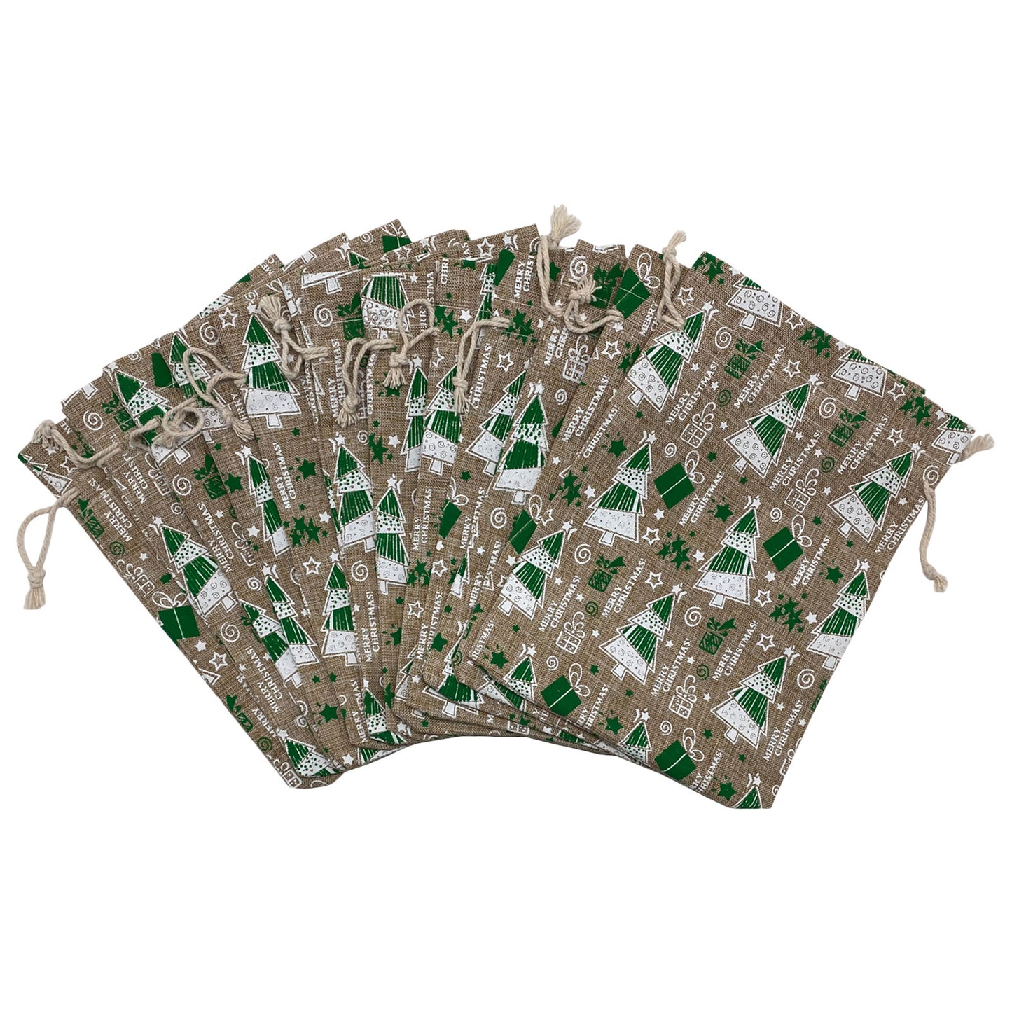 6" x 8" Jute Burlap Green Christmas Tree Drawstring Gift Bags
