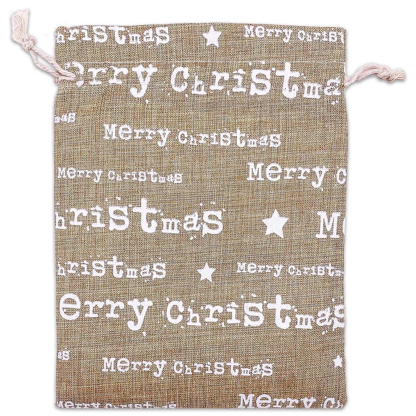 6" x 8" Jute Burlap White Merry Christmas Drawstring Gift Bags