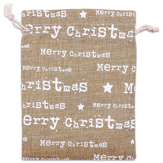 6" x 8" Jute Burlap White Merry Christmas Drawstring Gift Bags