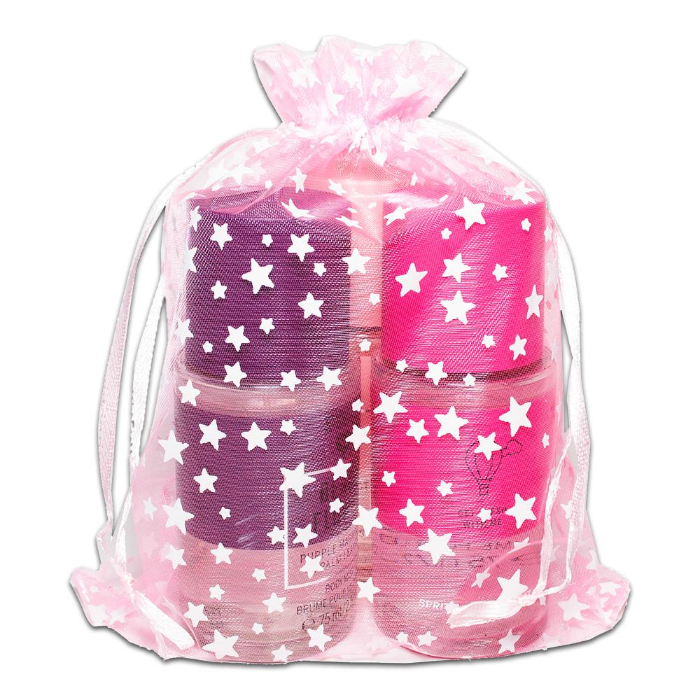Pink with White Star Organza Drawstring Pouch Gift Bags