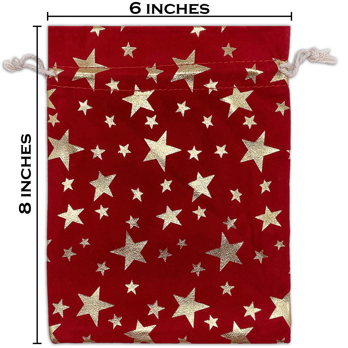 6" x 8" Red Velvet Gold Star Drawstring Gift Bags