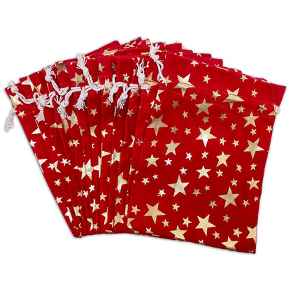 6" x 8" Red Velvet Gold Star Drawstring Gift Bags