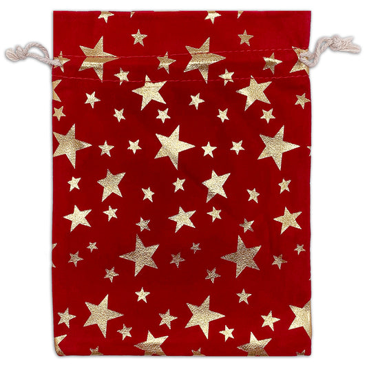 6" x 8" Red Velvet Gold Star Drawstring Gift Bags