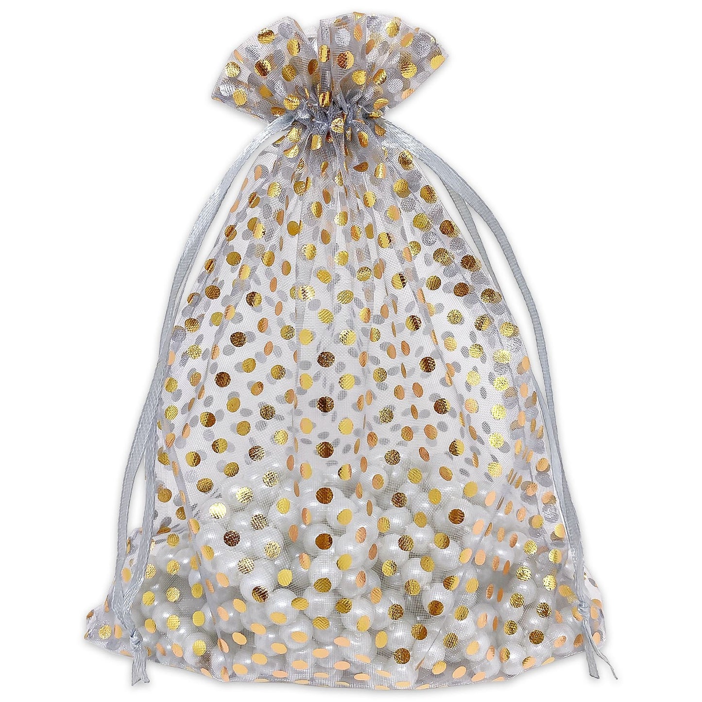 Silver with Gold Polka Dot Organza Drawstring Pouch Gift Bags