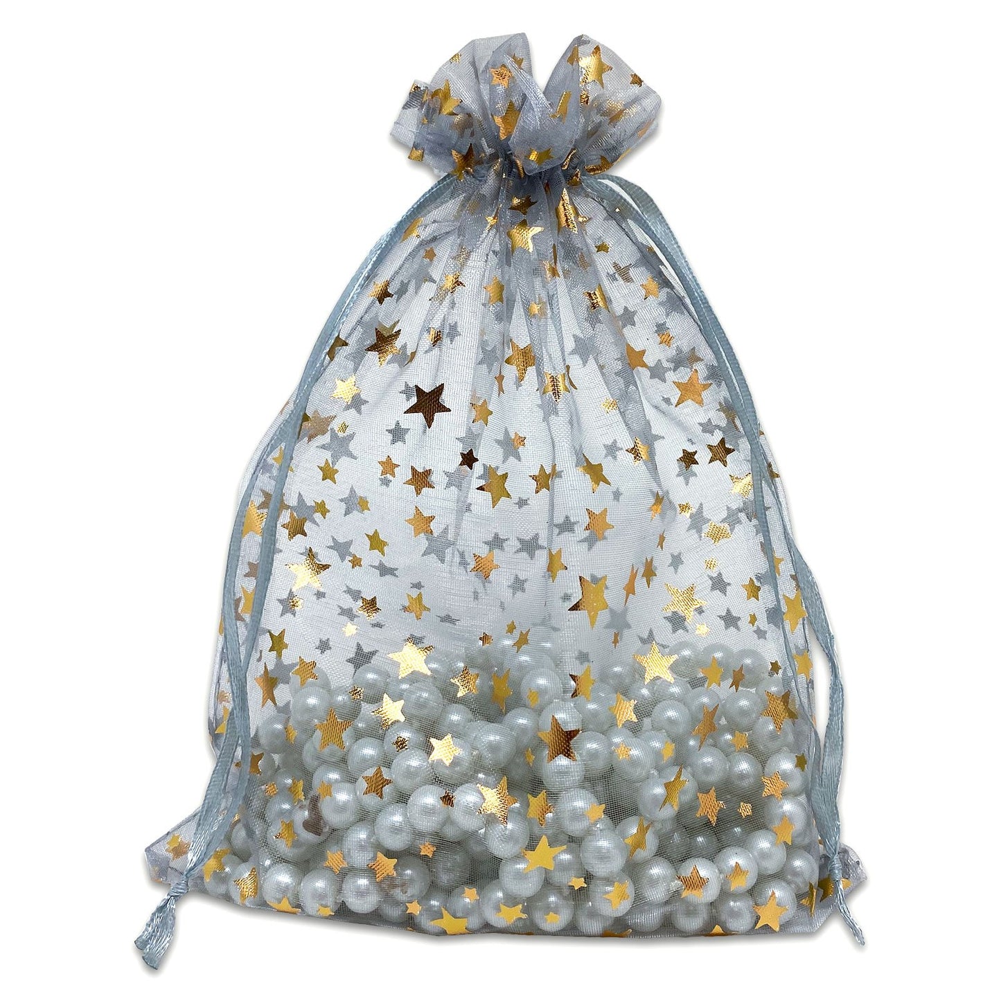 Silver with Gold Star Organza Drawstring Pouch Gift Bags