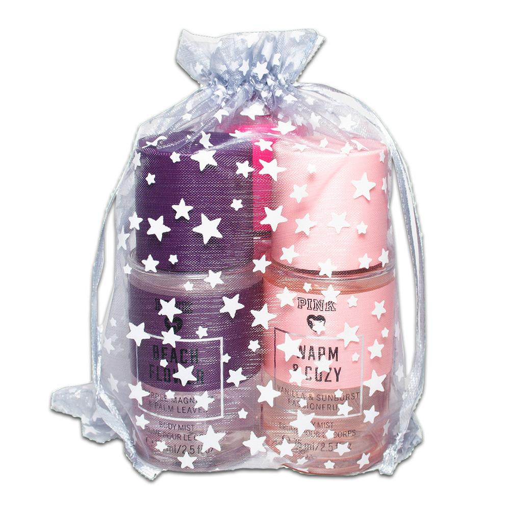 Silver with White Star Organza Drawstring Pouch Gift Bags