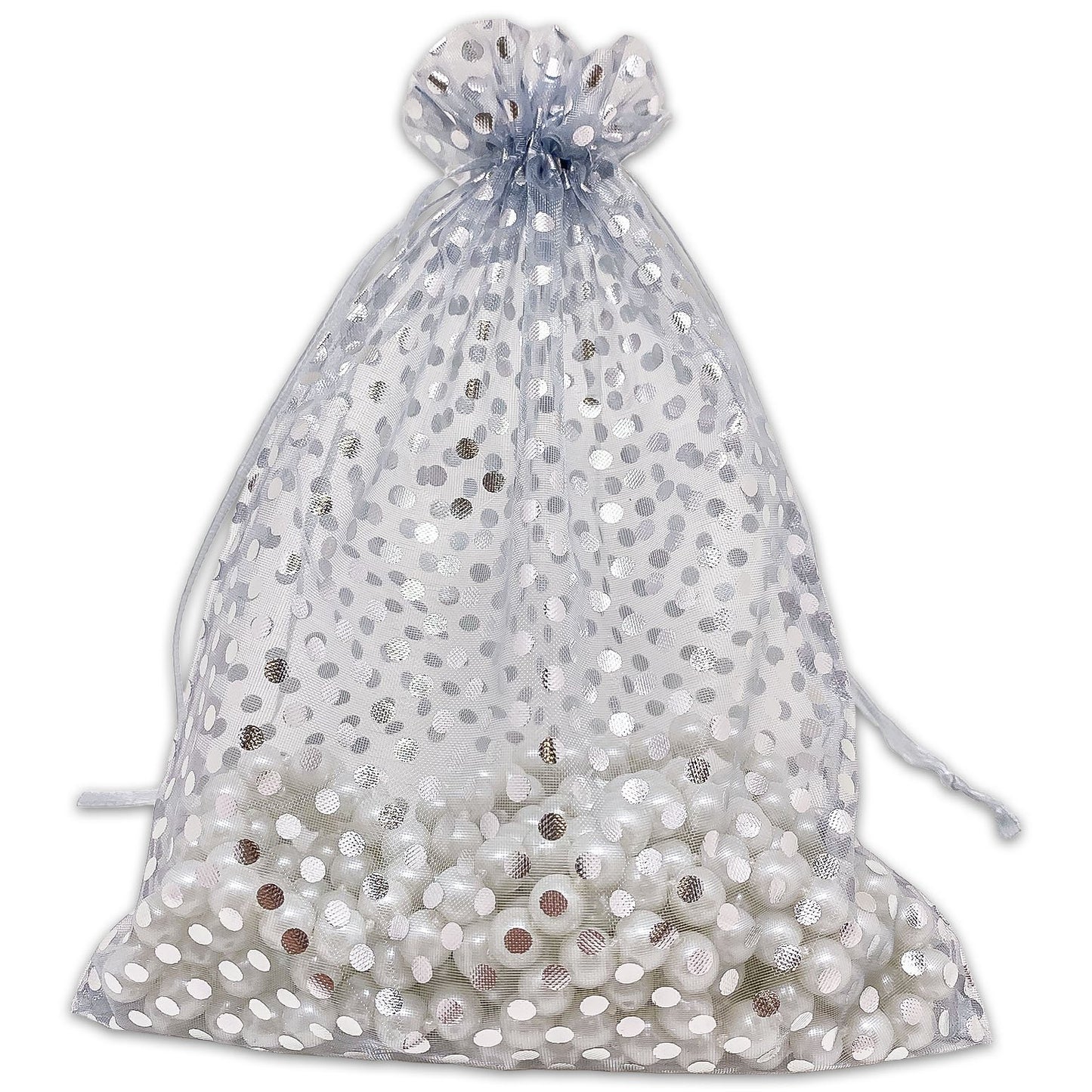 Silver with Silver Polka Dot Organza Drawstring Pouch Gift Bags
