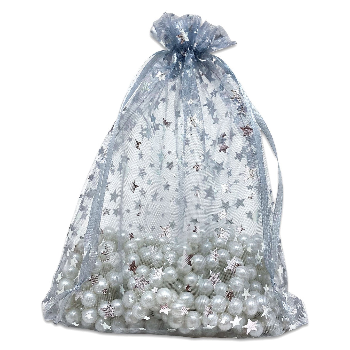 Silver with Silver Star Organza Drawstring Pouch Gift Bags