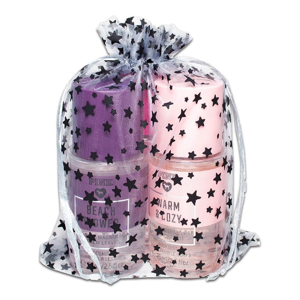 Silver with Black Star Organza Drawstring Pouch Gift Bags