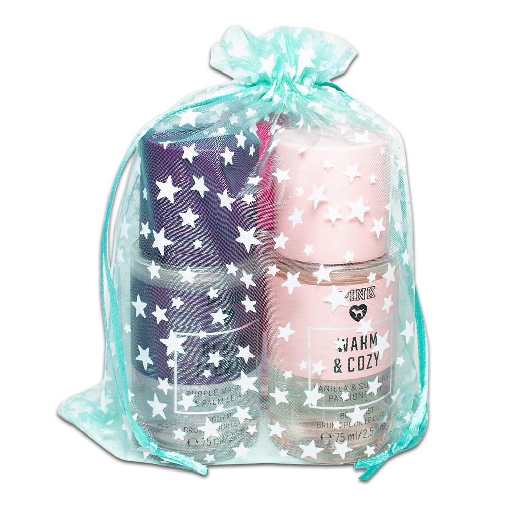 Teal with White Star Organza Drawstring Pouch Gift Bags